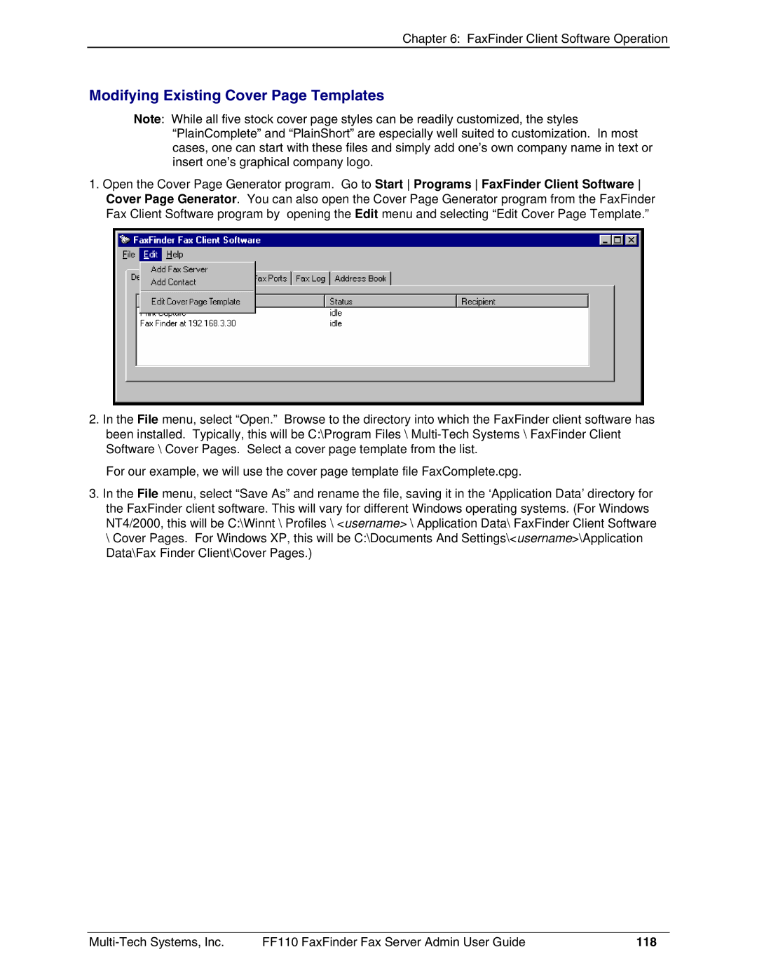 Multi-Tech Systems FF110 manual Modifying Existing Cover Page Templates, 118 