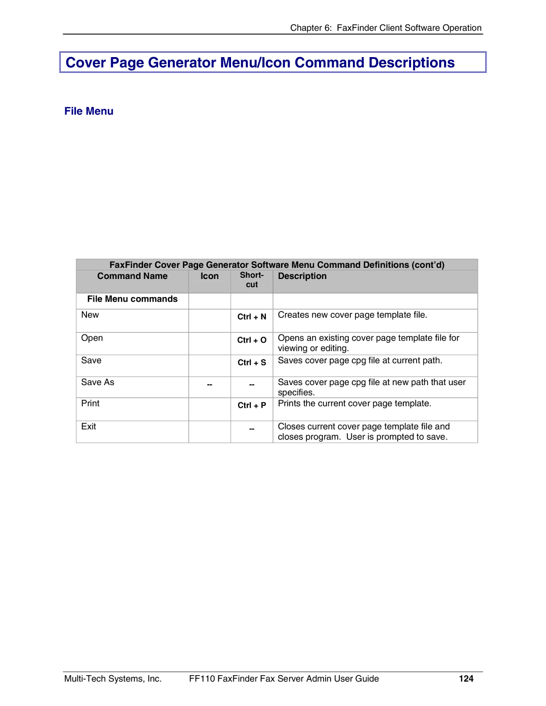 Multi-Tech Systems FF110 manual Cover Page Generator Menu/Icon Command Descriptions, File Menu, 124 