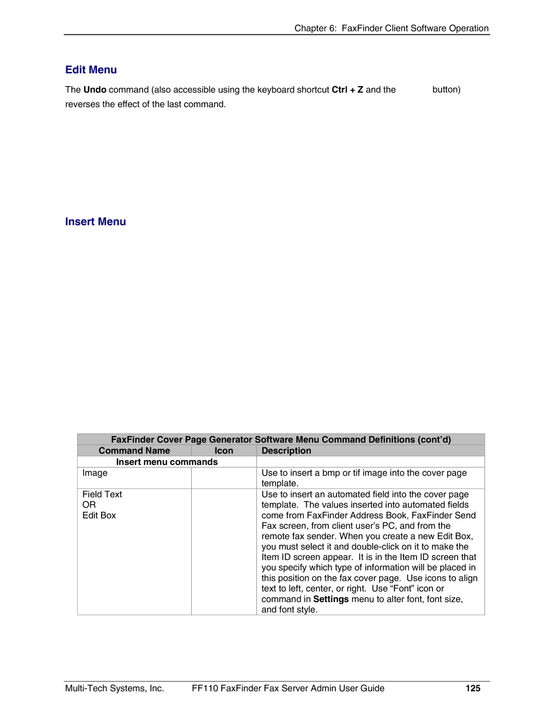 Multi-Tech Systems FF110 manual Edit Menu, Insert Menu, 125 