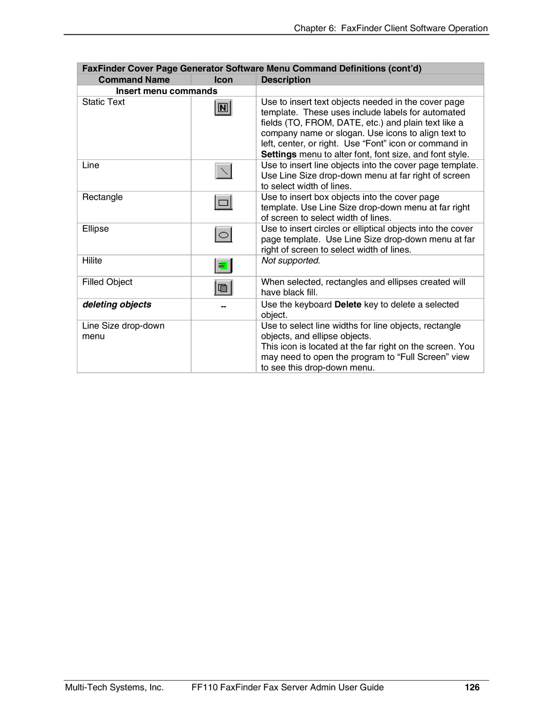 Multi-Tech Systems FF110 manual Deleting objects, 126 