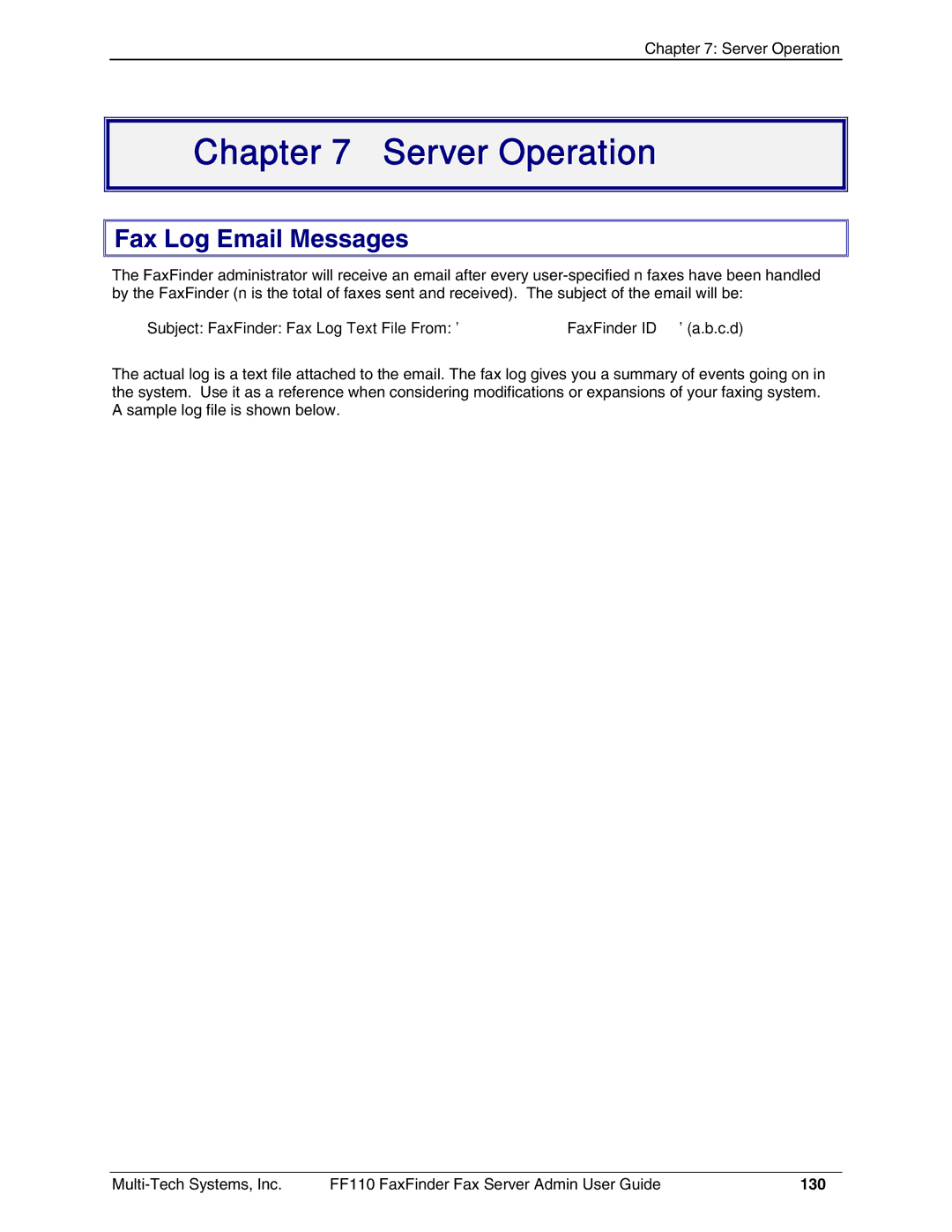 Multi-Tech Systems FF110 manual Fax Log Email Messages, 130 