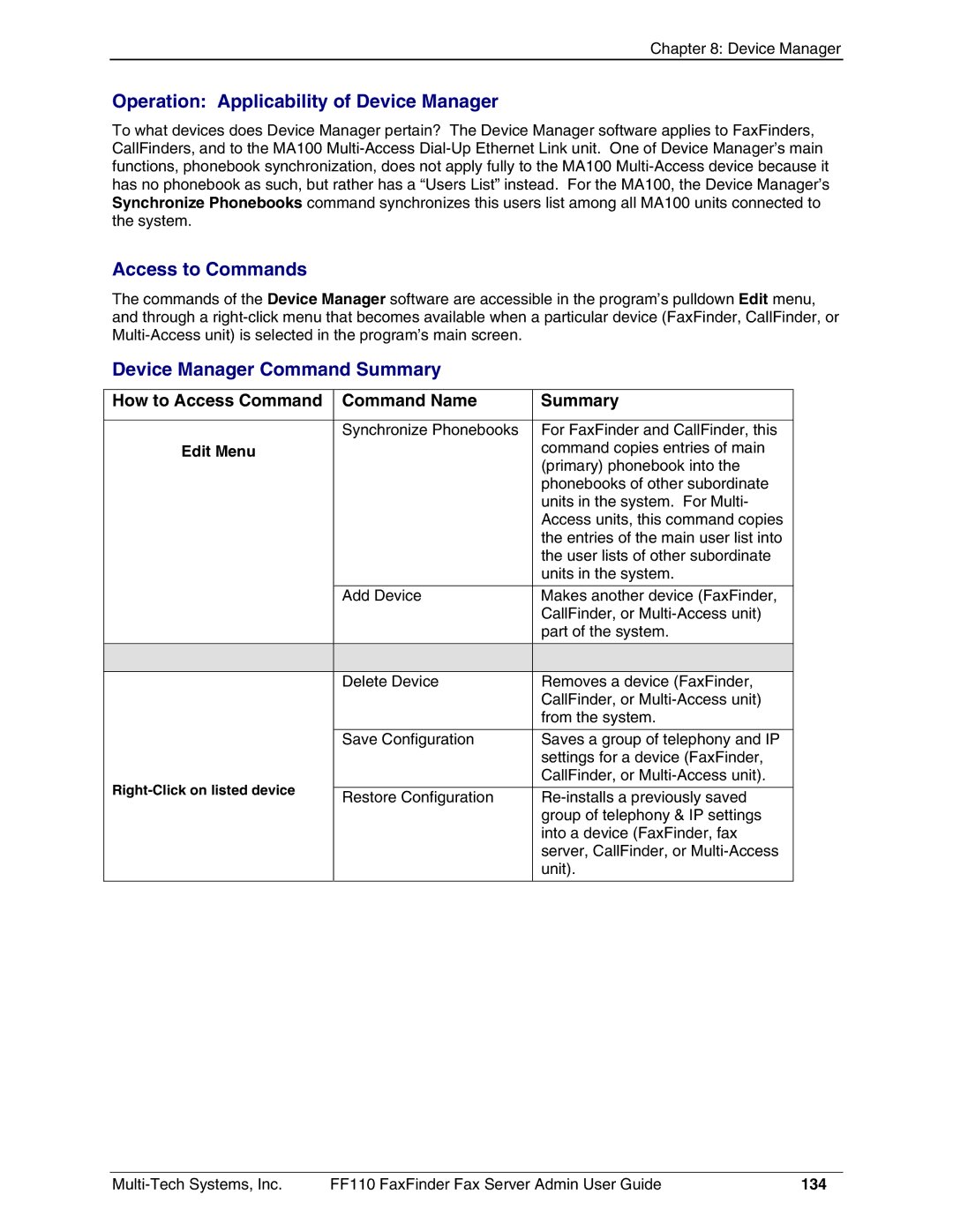 Multi-Tech Systems FF110 Operation Applicability of Device Manager, Access to Commands, Device Manager Command Summary 