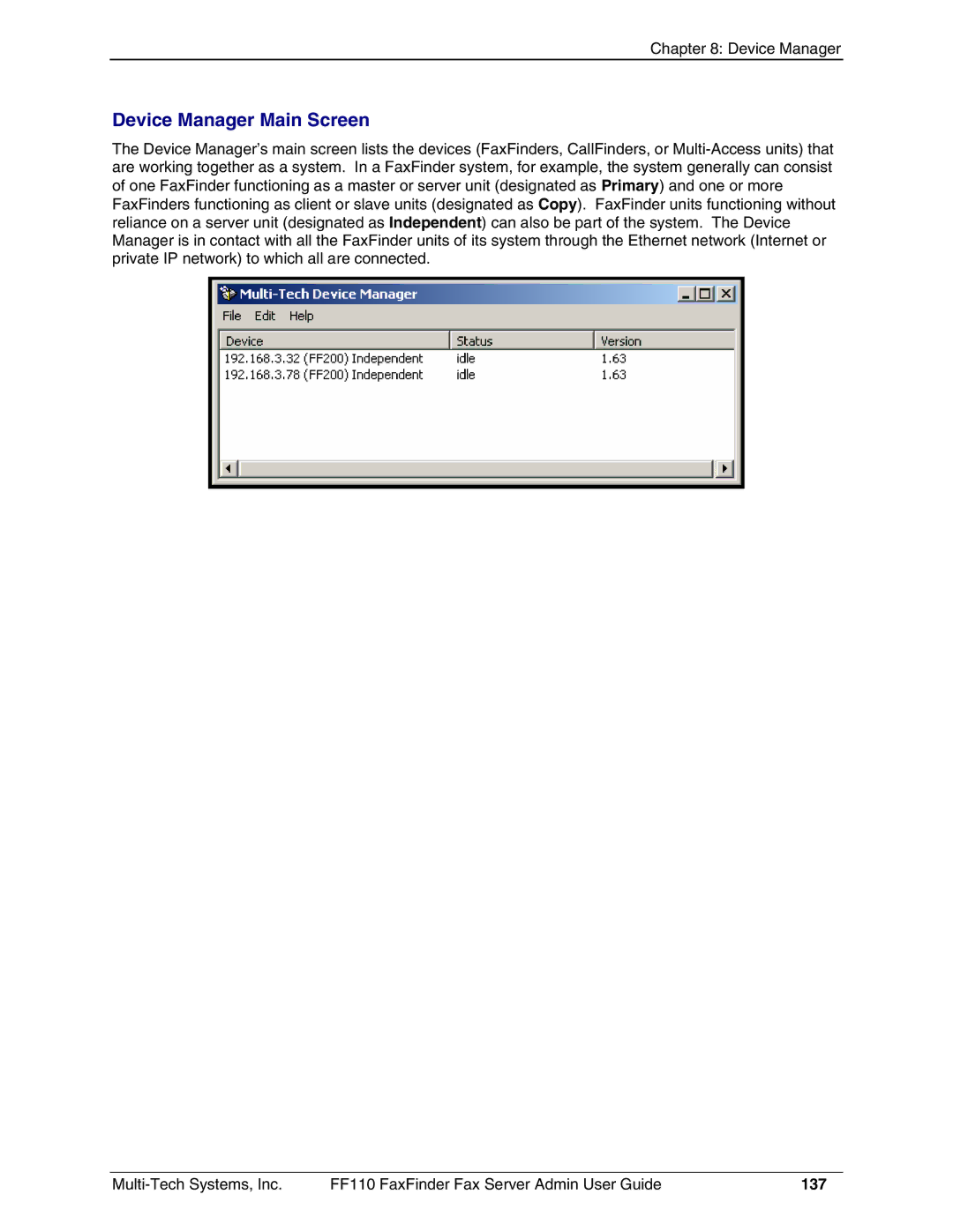 Multi-Tech Systems FF110 manual Device Manager Main Screen, 137 