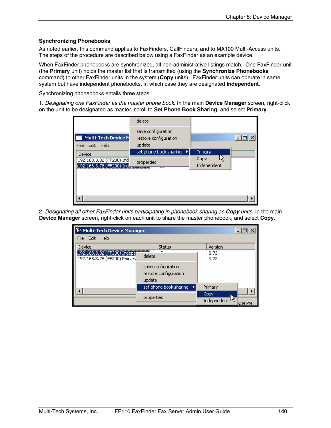 Multi-Tech Systems FF110 manual Synchronizing Phonebooks, 140 