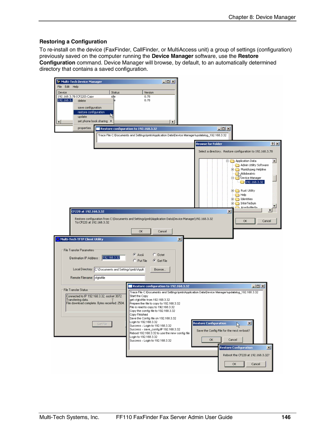 Multi-Tech Systems FF110 manual Restoring a Configuration, 146 