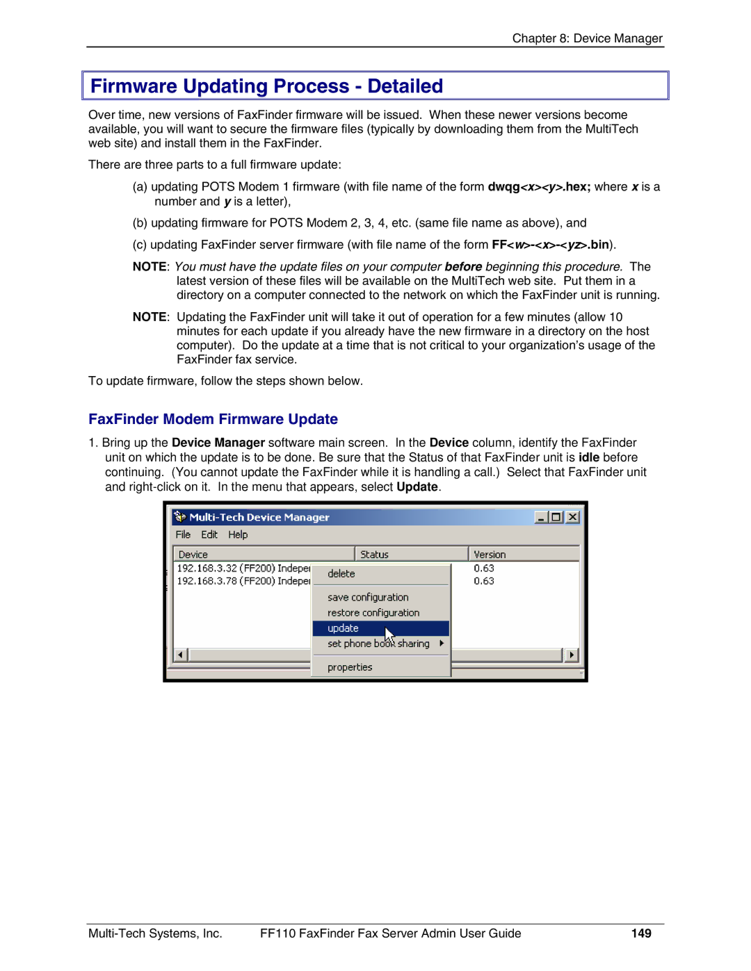 Multi-Tech Systems FF110 manual Firmware Updating Process Detailed, FaxFinder Modem Firmware Update, 149 