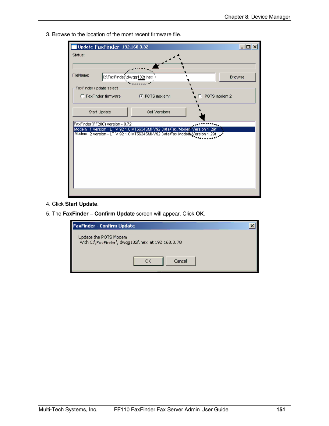 Multi-Tech Systems FF110 manual Click Start Update, 151 