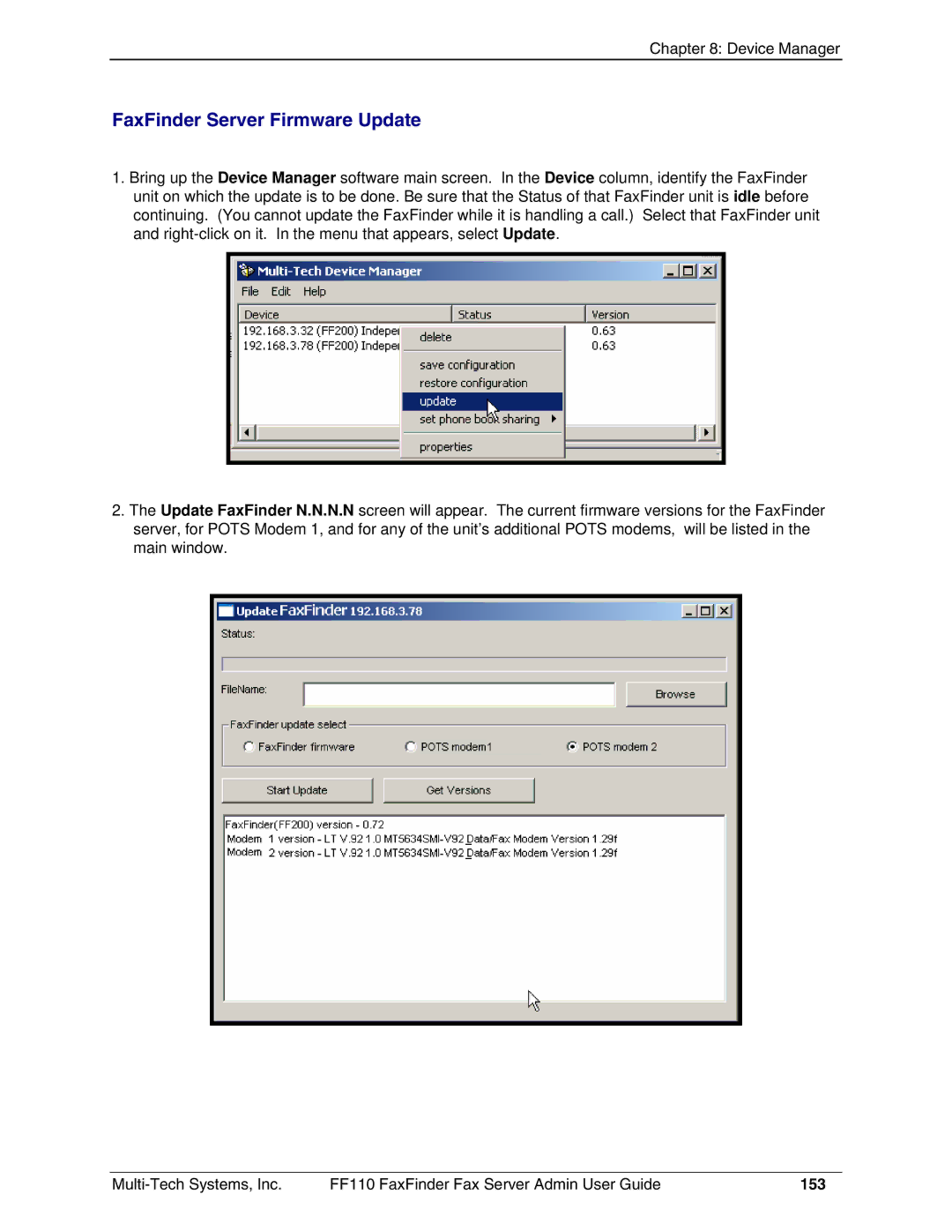 Multi-Tech Systems FF110 manual FaxFinder Server Firmware Update, 153 