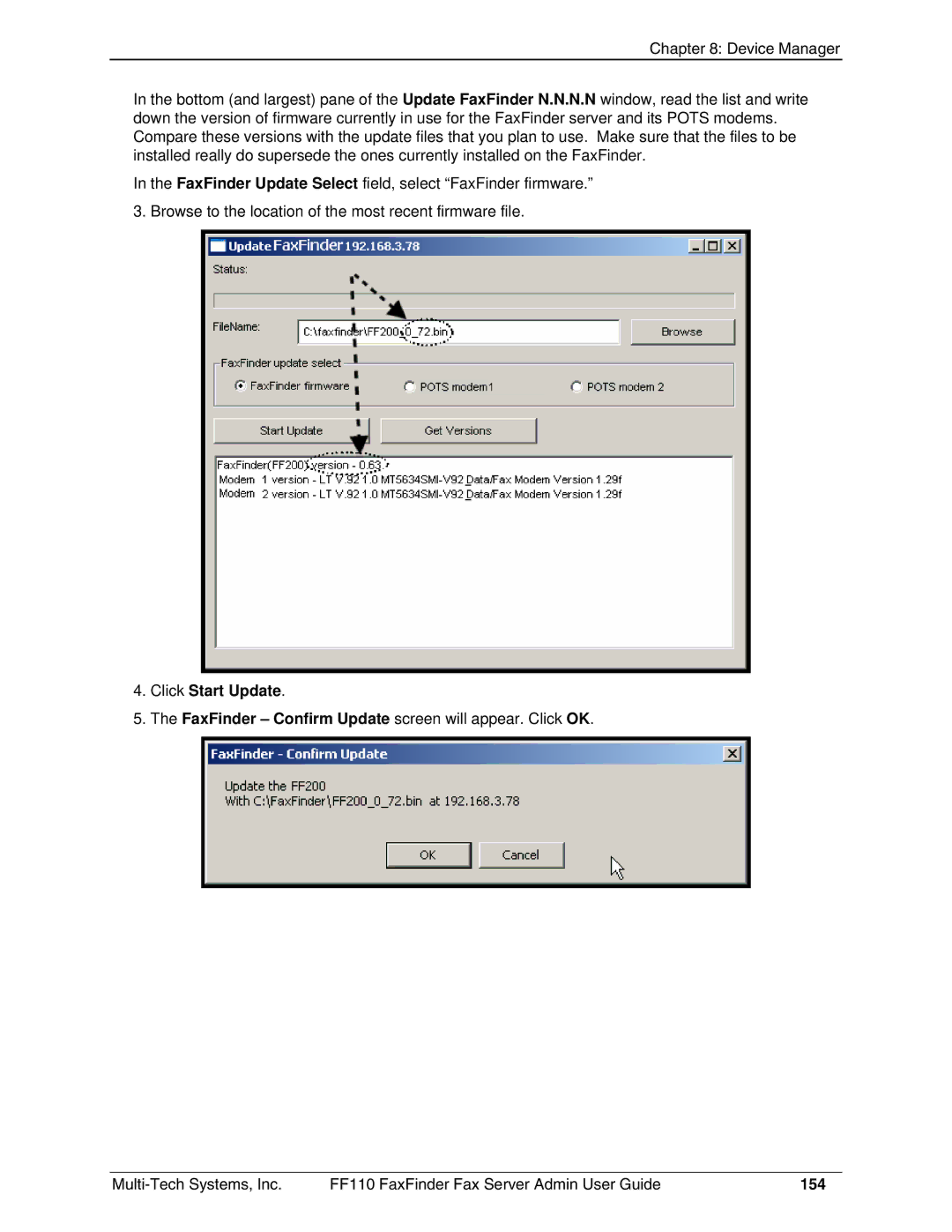 Multi-Tech Systems FF110 manual Click Start Update, 154 