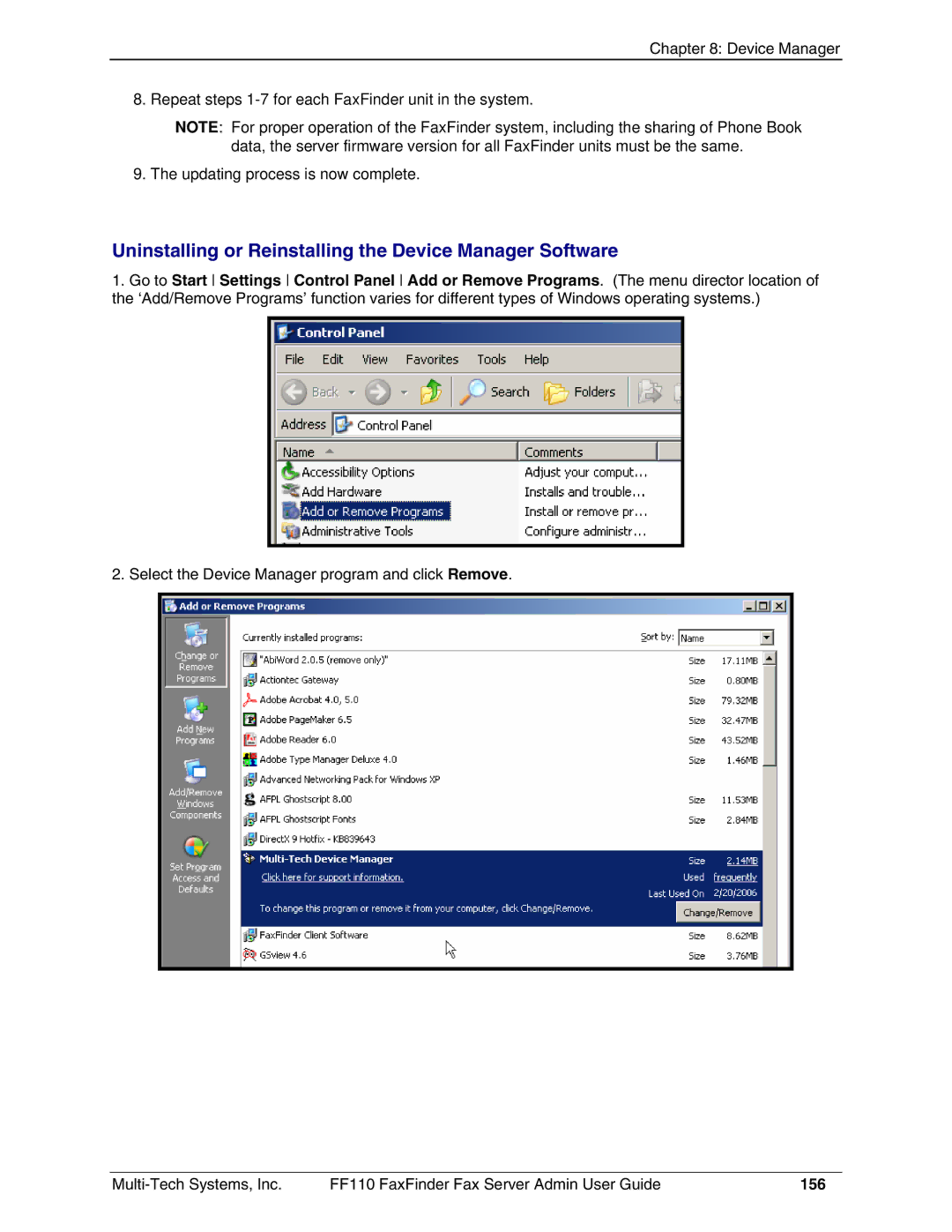 Multi-Tech Systems FF110 manual Uninstalling or Reinstalling the Device Manager Software, 156 