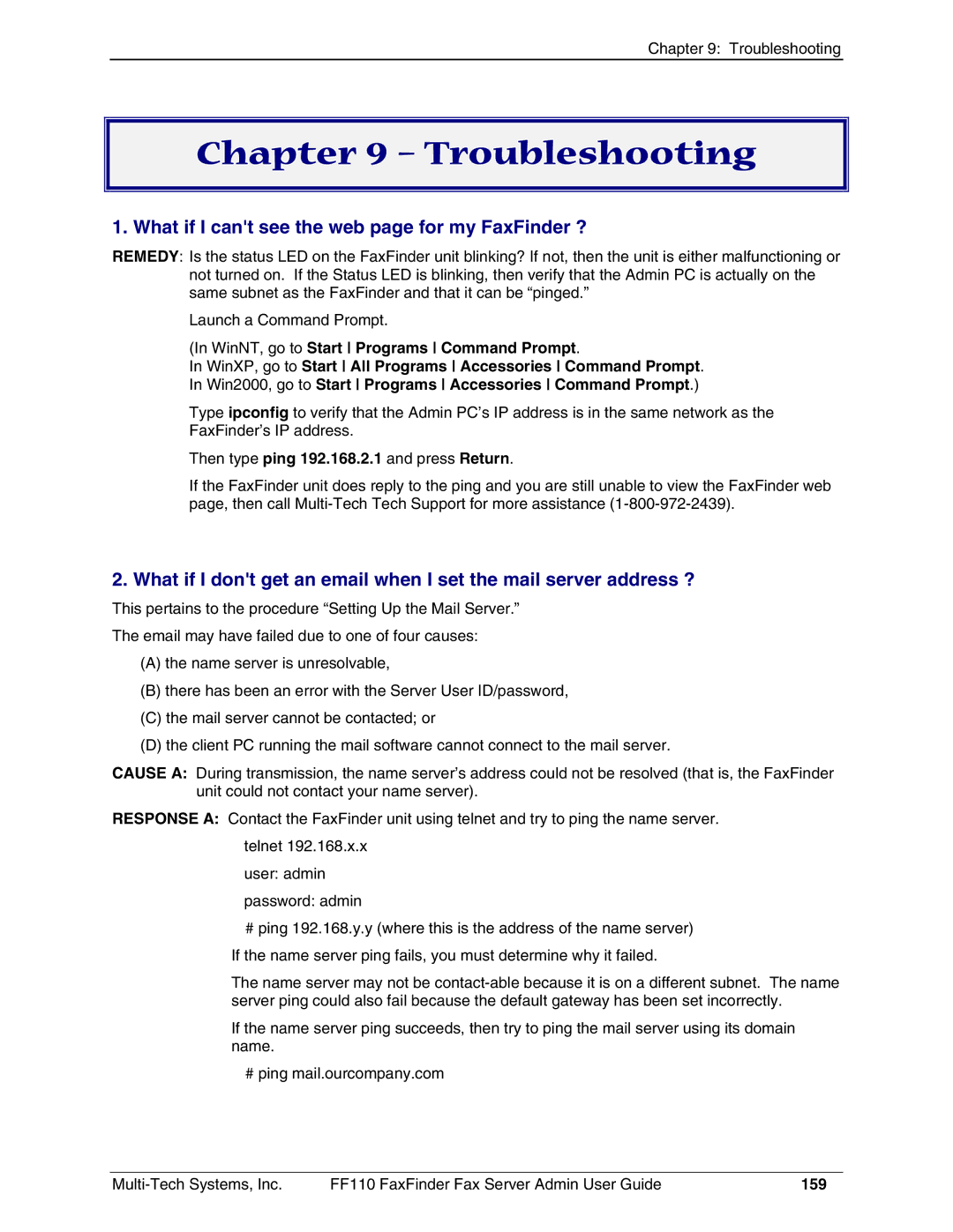 Multi-Tech Systems FF110 What if I cant see the web page for my FaxFinder ?, Then type ping 192.168.2.1 and press Return 