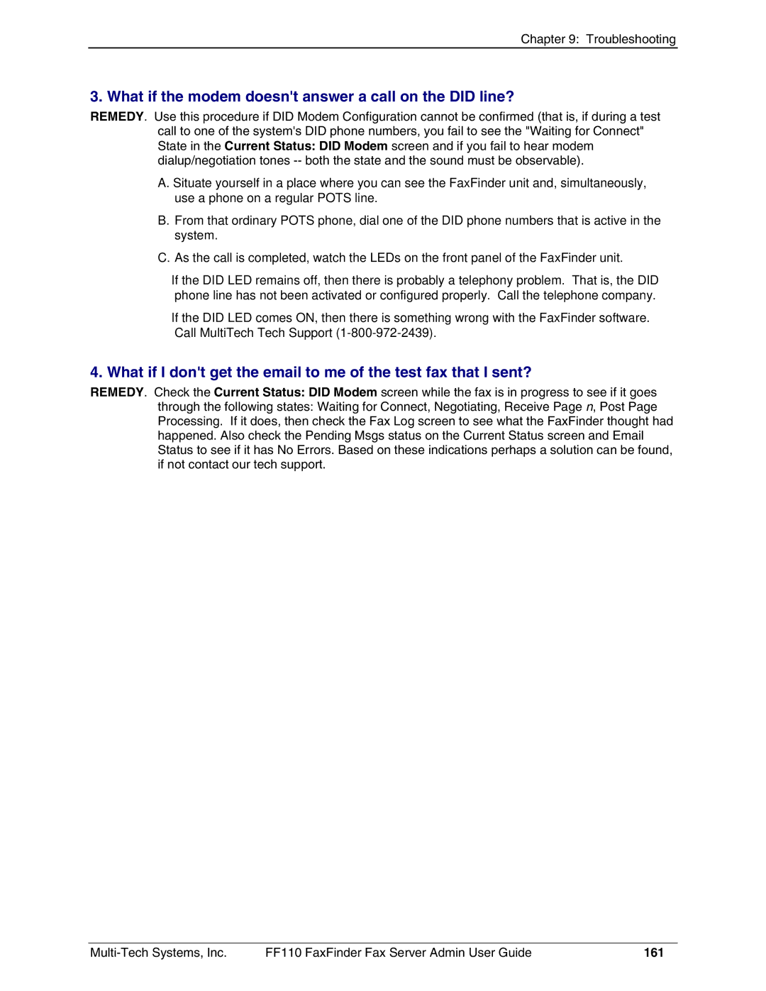 Multi-Tech Systems FF110 manual What if the modem doesnt answer a call on the did line?, 161 