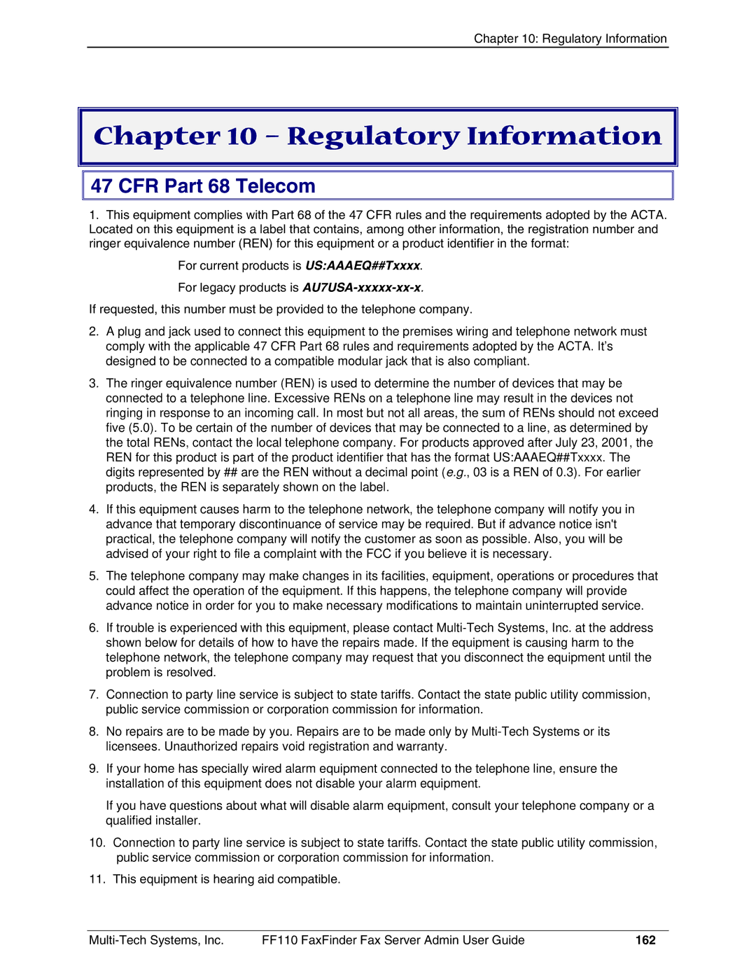 Multi-Tech Systems FF110 manual CFR Part 68 Telecom, 162 