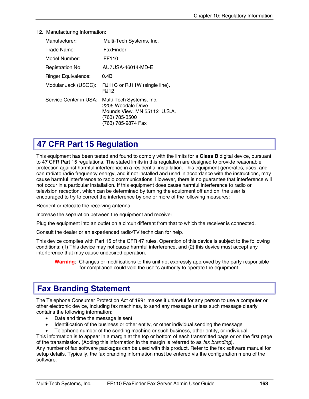 Multi-Tech Systems FF110 manual CFR Part 15 Regulation, Fax Branding Statement, 163 