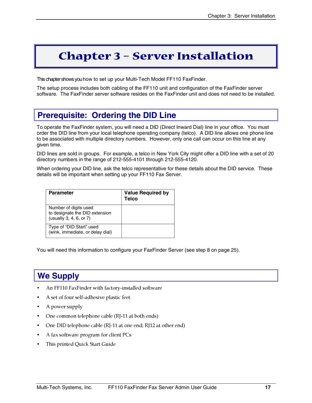 Multi-Tech Systems FF110 manual Server Installation, We Supply 