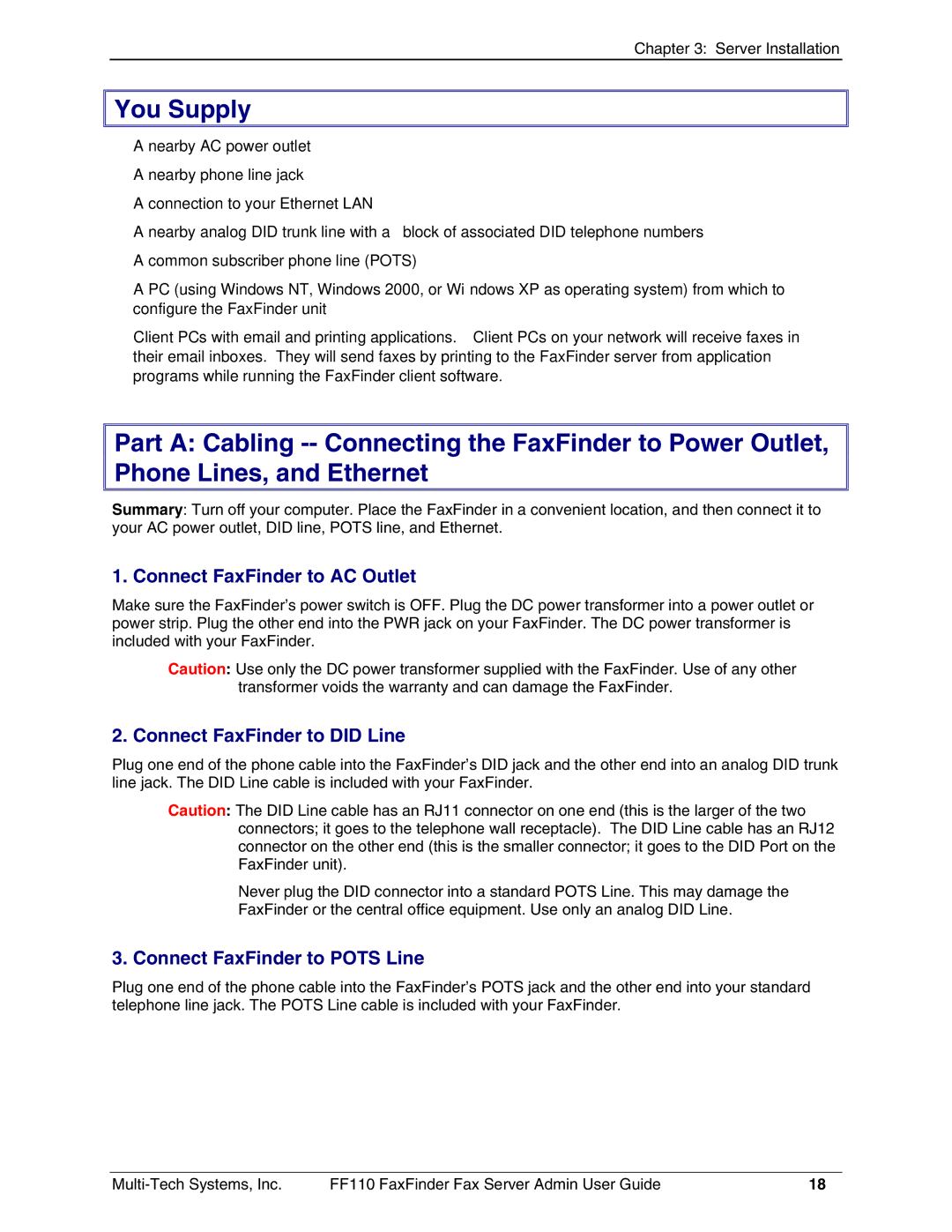 Multi-Tech Systems FF110 manual You Supply, Connect FaxFinder to AC Outlet, Connect FaxFinder to did Line 