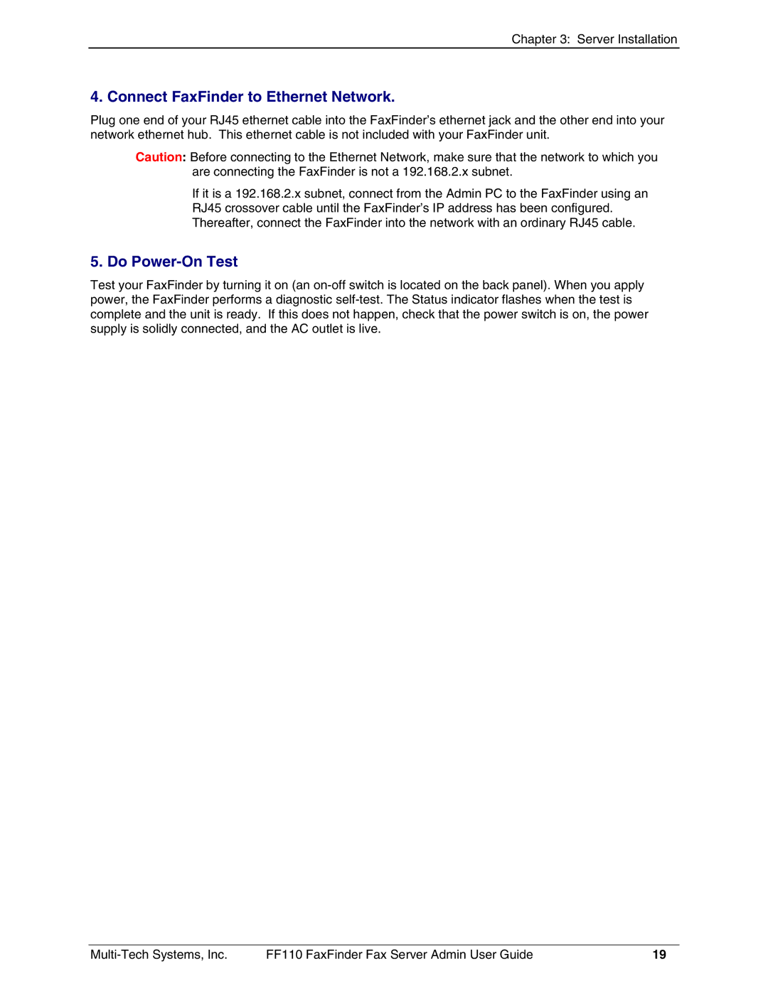 Multi-Tech Systems FF110 manual Connect FaxFinder to Ethernet Network, Do Power-On Test 