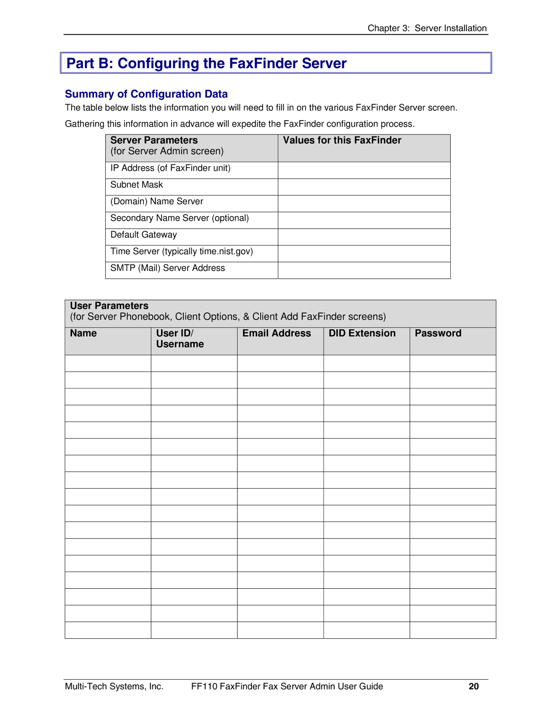 Multi-Tech Systems FF110 manual Part B Configuring the FaxFinder Server, Summary of Configuration Data 