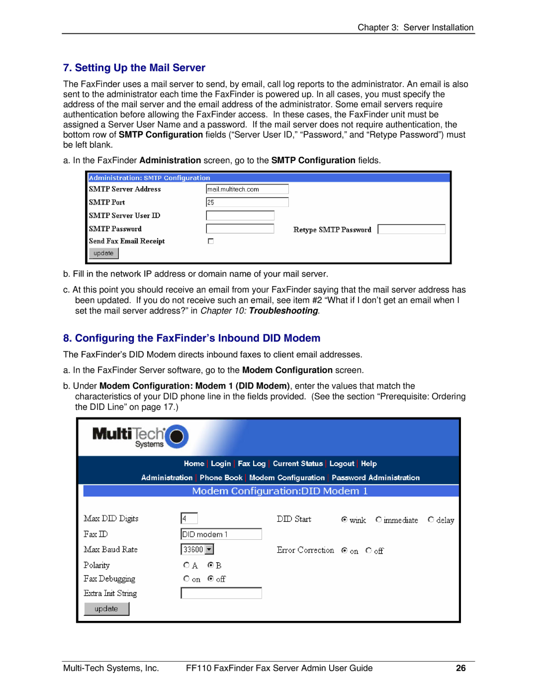 Multi-Tech Systems FF110 manual Setting Up the Mail Server, Configuring the FaxFinder’s Inbound did Modem 