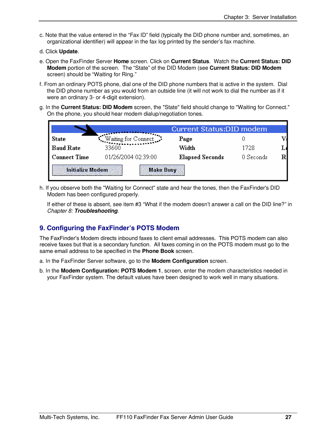 Multi-Tech Systems FF110 manual Configuring the FaxFinder’s Pots Modem 