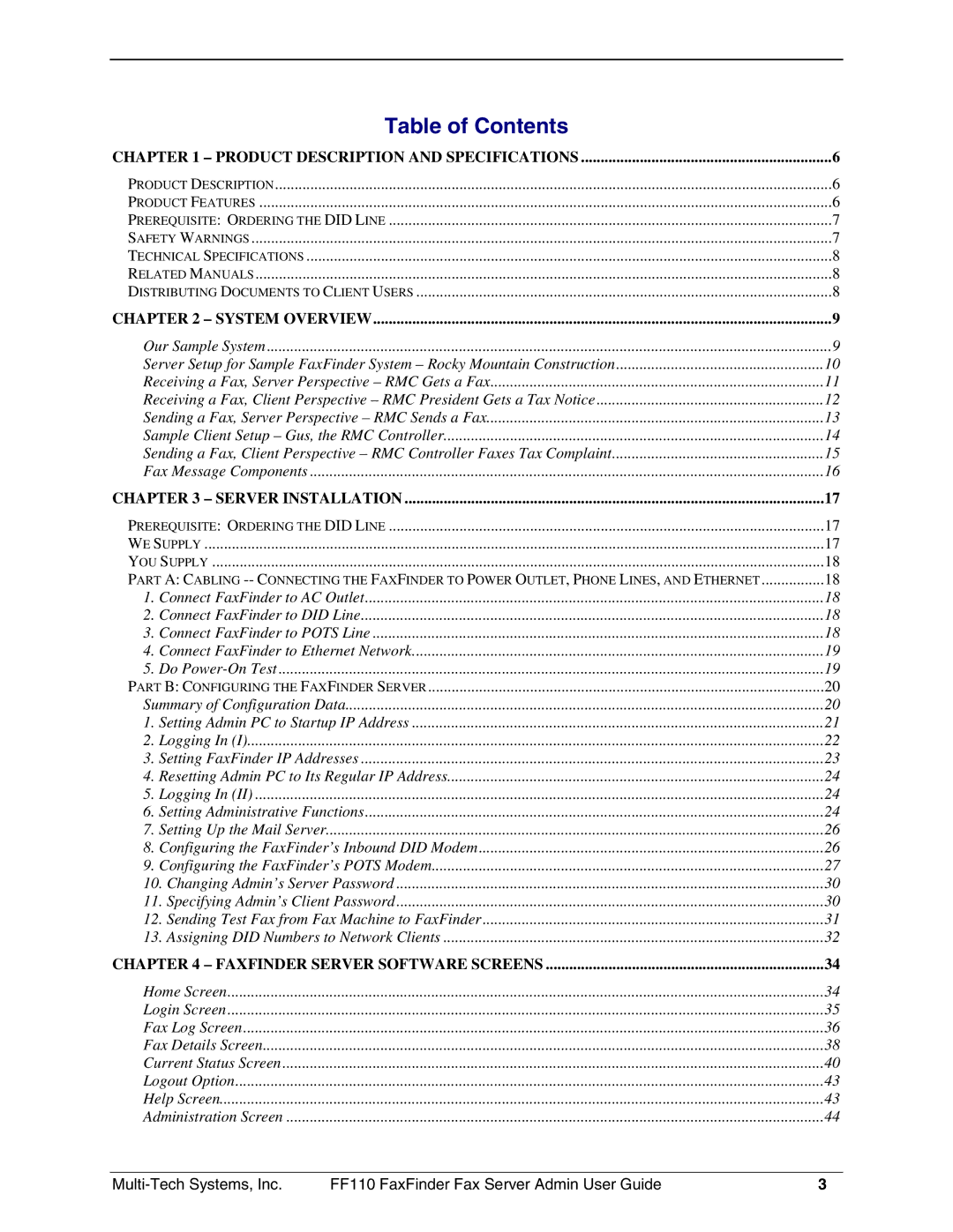 Multi-Tech Systems FF110 manual Table of Contents 