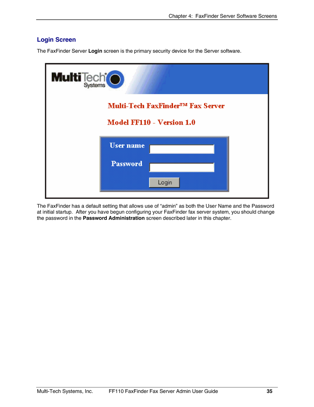 Multi-Tech Systems FF110 manual Login Screen 