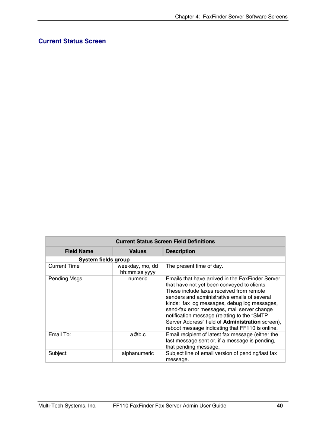 Multi-Tech Systems FF110 manual Current Status Screen 