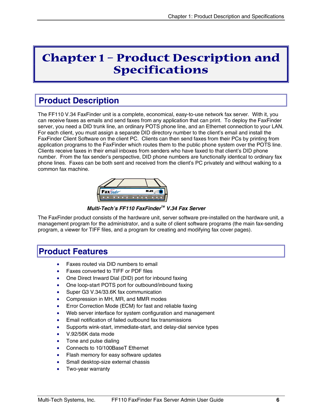 Multi-Tech Systems FF110 manual Product Description, Product Features 