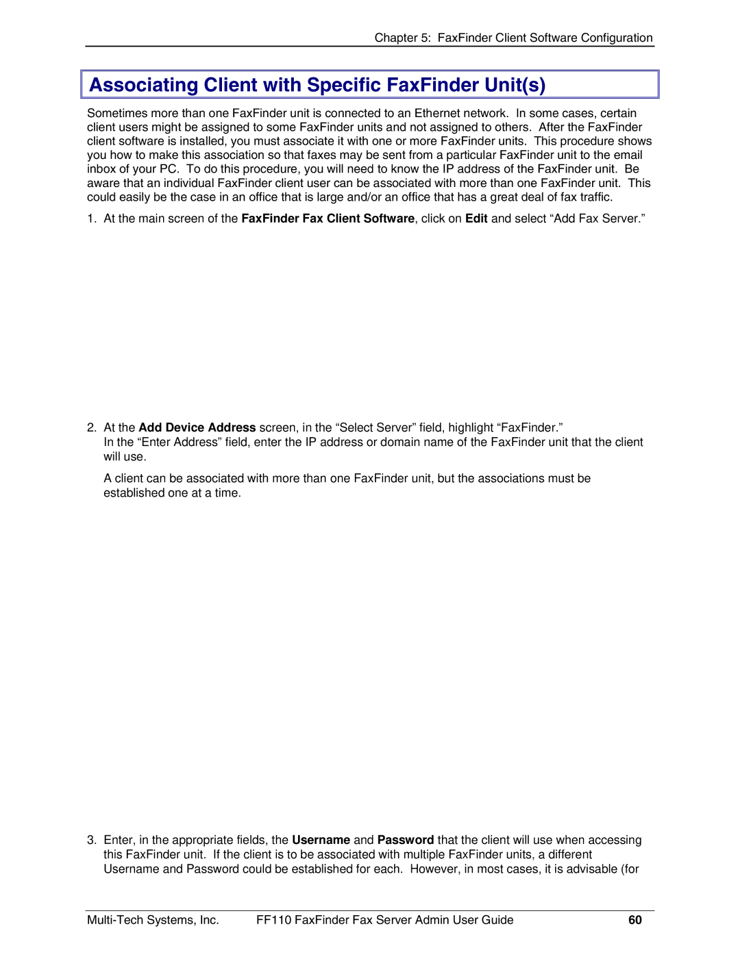 Multi-Tech Systems FF110 manual Associating Client with Specific FaxFinder Units 