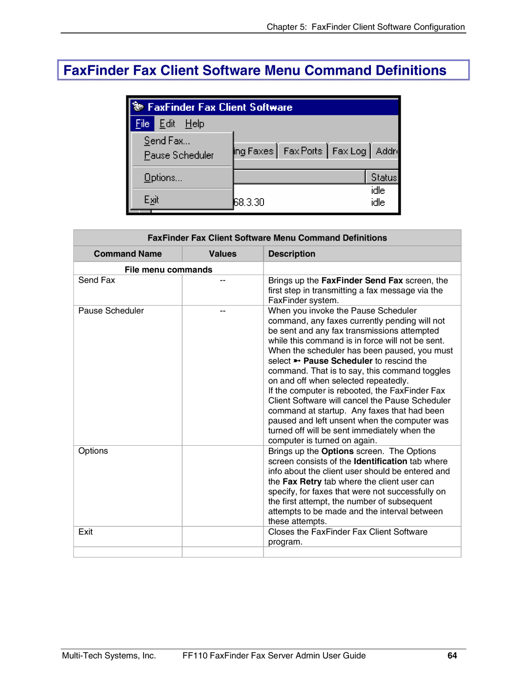 Multi-Tech Systems FF110 manual FaxFinder Fax Client Software Menu Command Definitions 