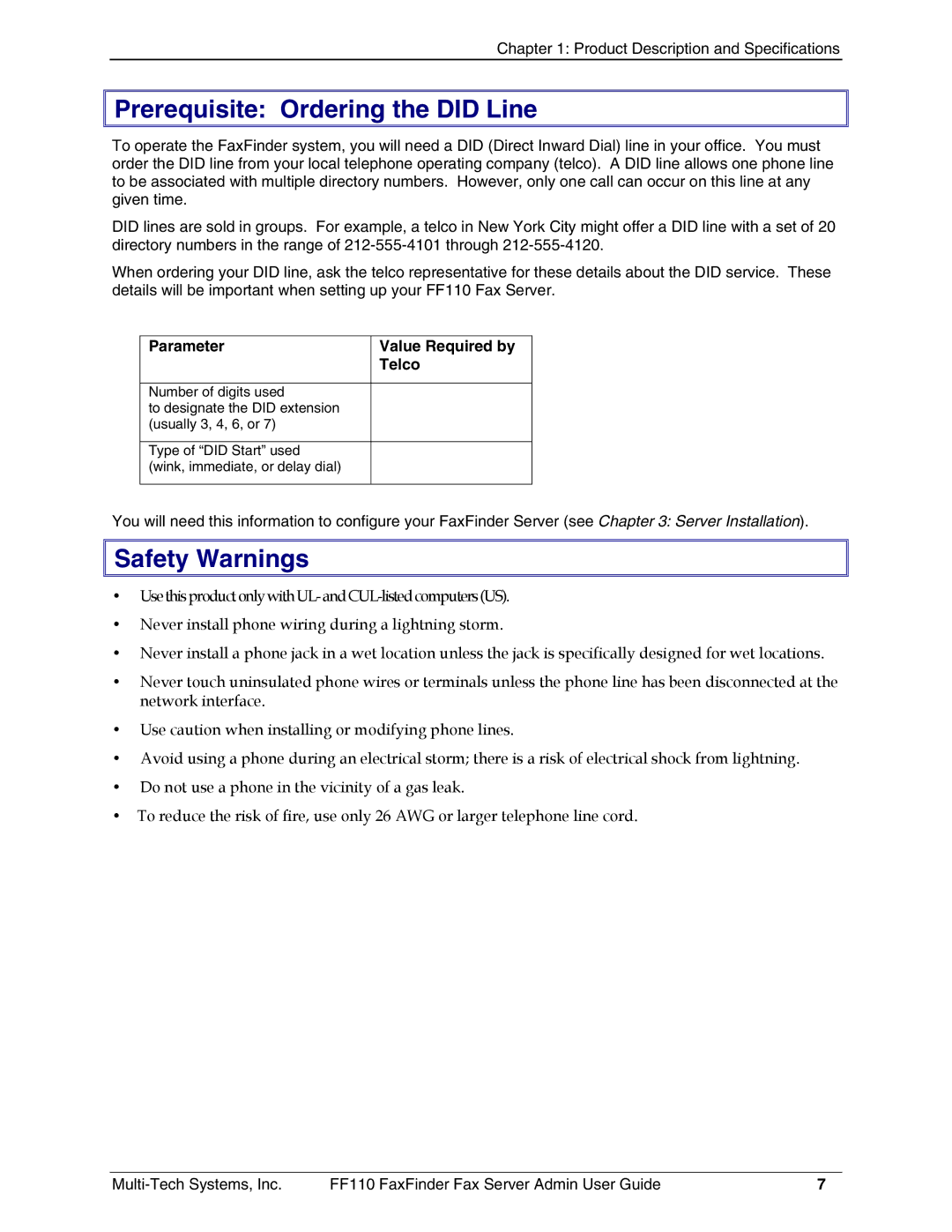 Multi-Tech Systems FF110 manual Prerequisite Ordering the did Line, Safety Warnings, Parameter, Telco 