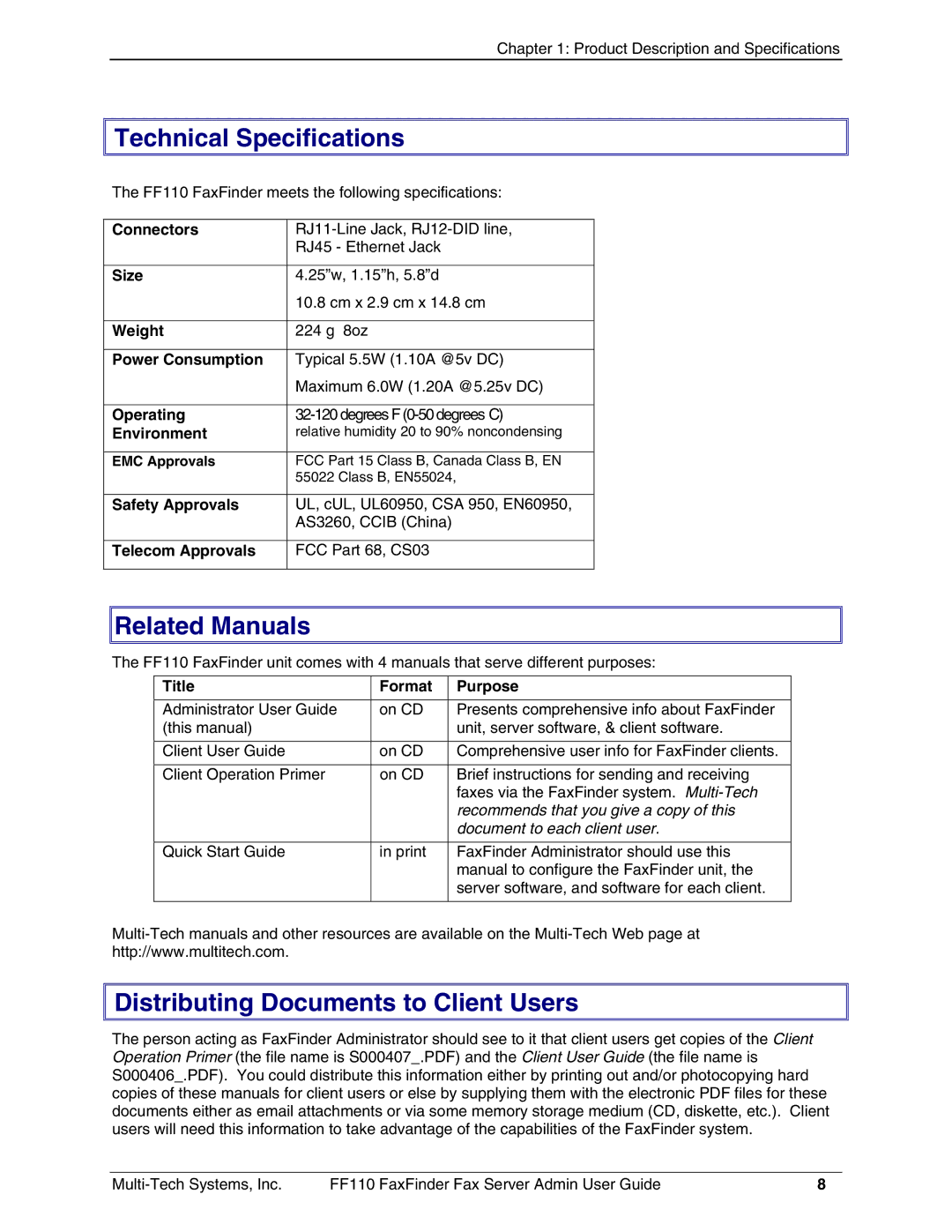 Multi-Tech Systems FF110 manual Technical Specifications, Related Manuals, Distributing Documents to Client Users 