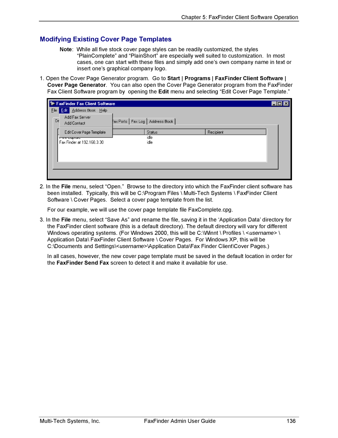 Multi-Tech Systems FF420, FF820, FF120, FF220 manual Modifying Existing Cover Page Templates 