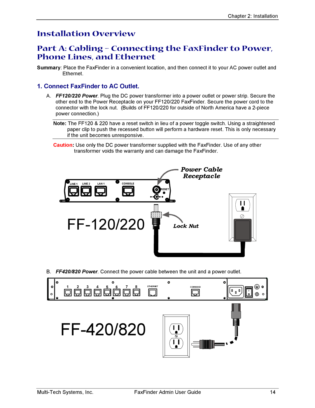 Multi-Tech Systems FF120, FF420, FF820, FF220 manual FF-120/220, Connect FaxFinder to AC Outlet 