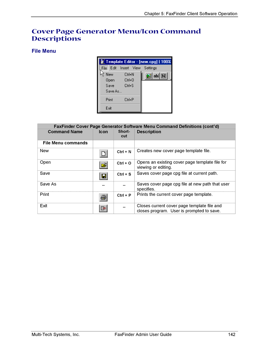 Multi-Tech Systems FF120, FF420, FF820, FF220 manual Cover Page Generator Menu/Icon Command Descriptions, File Menu 