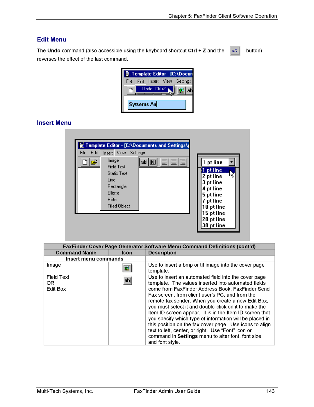 Multi-Tech Systems FF220, FF420, FF820, FF120 manual Edit Menu, Insert Menu 