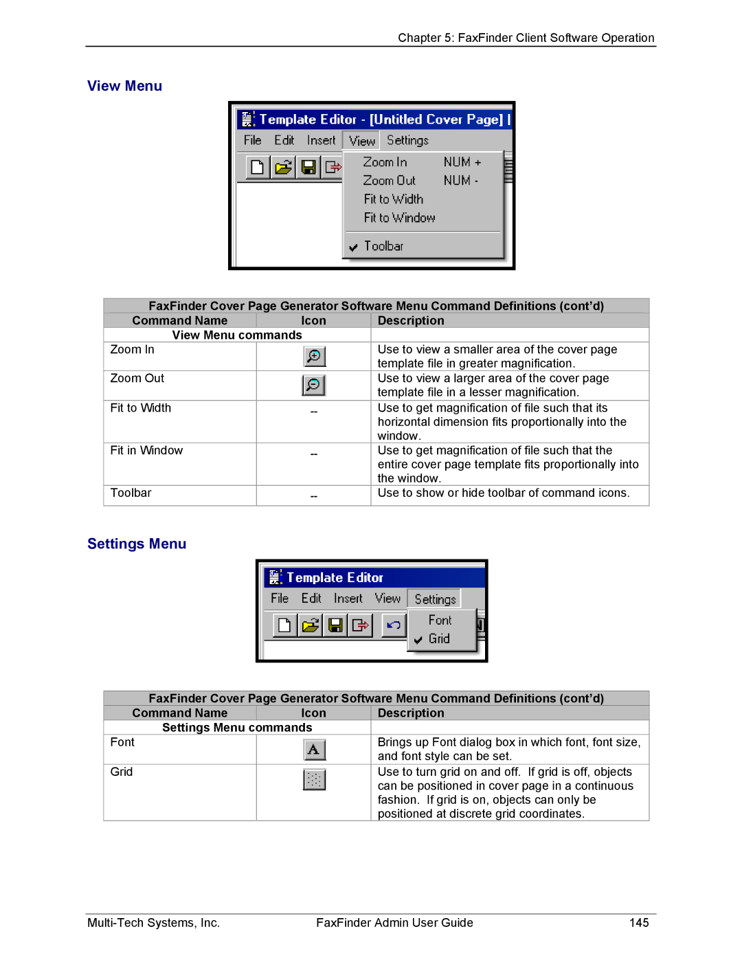 Multi-Tech Systems FF820, FF420, FF120, FF220 manual View Menu, Settings Menu 