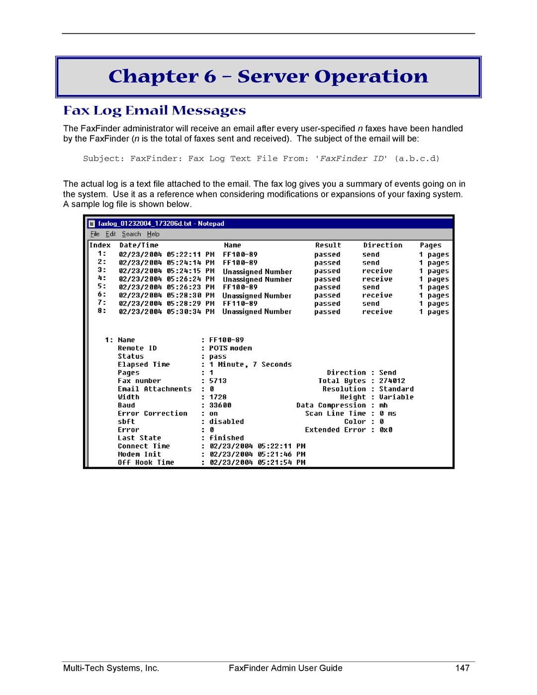 Multi-Tech Systems FF220, FF420, FF820, FF120 manual Server Operation, Fax Log Email Messages 