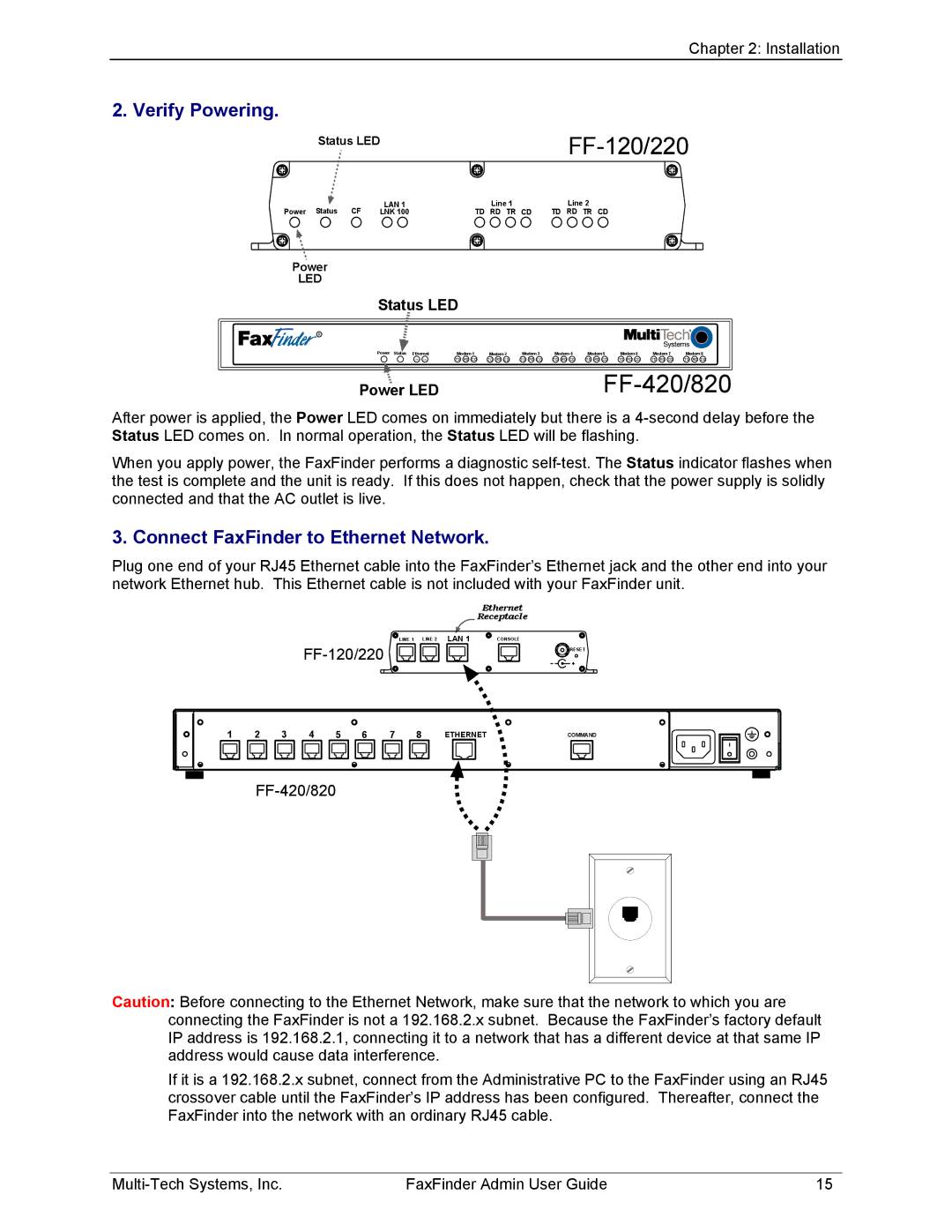 Multi-Tech Systems FF220, FF420, FF820, FF120 Verify Powering, Connect FaxFinder to Ethernet Network, Status LED, Power LED 