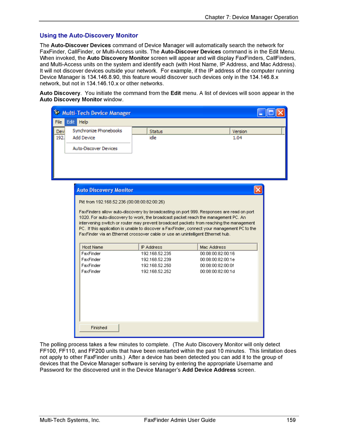 Multi-Tech Systems FF220, FF420, FF820, FF120 manual Using the Auto-Discovery Monitor 