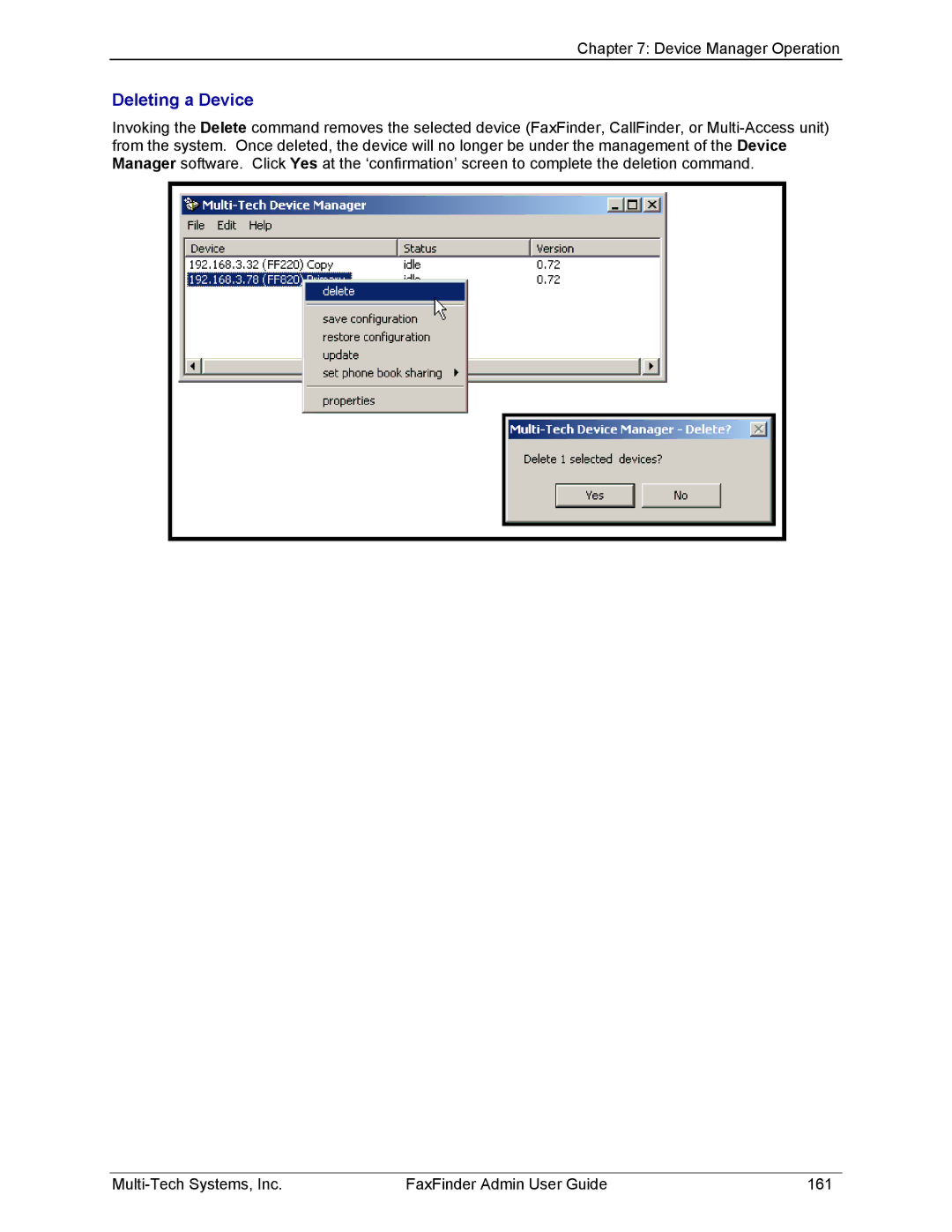 Multi-Tech Systems FF820, FF420, FF120, FF220 manual Deleting a Device 