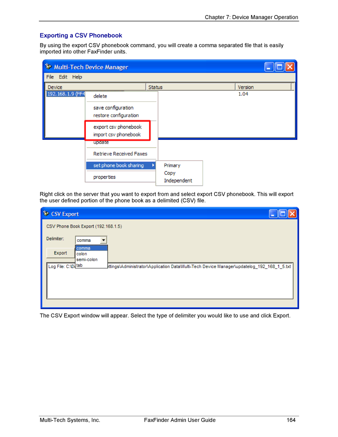 Multi-Tech Systems FF420, FF820, FF120, FF220 manual Exporting a CSV Phonebook 