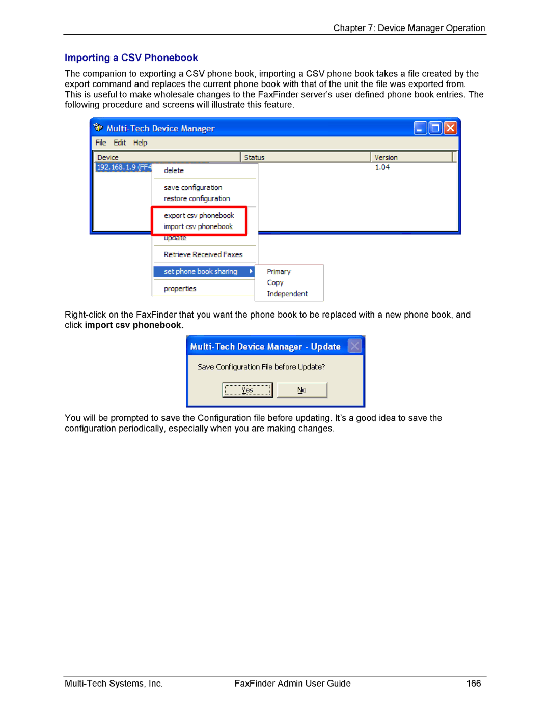 Multi-Tech Systems FF120, FF420, FF820, FF220 manual Importing a CSV Phonebook 