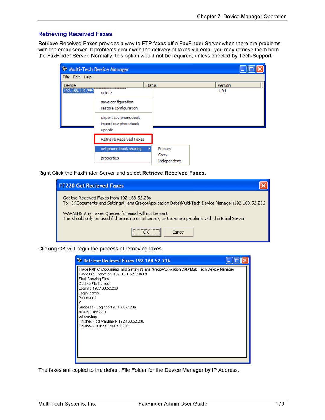 Multi-Tech Systems FF820, FF420, FF120, FF220 manual Retrieving Received Faxes 