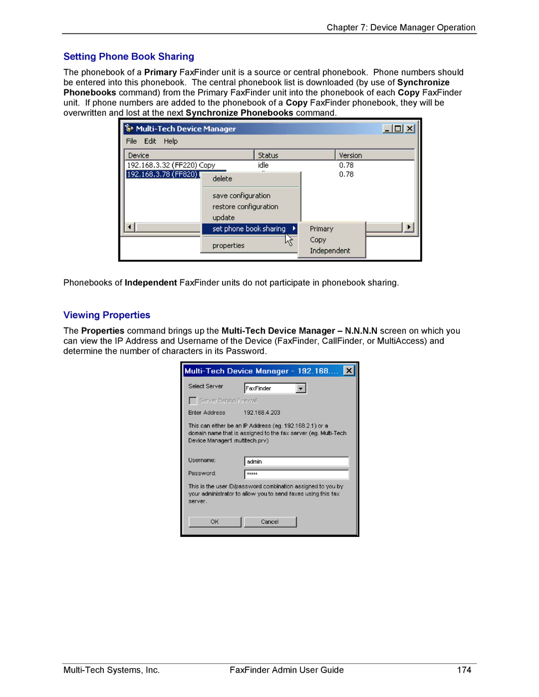 Multi-Tech Systems FF120, FF420, FF820, FF220 manual Setting Phone Book Sharing 