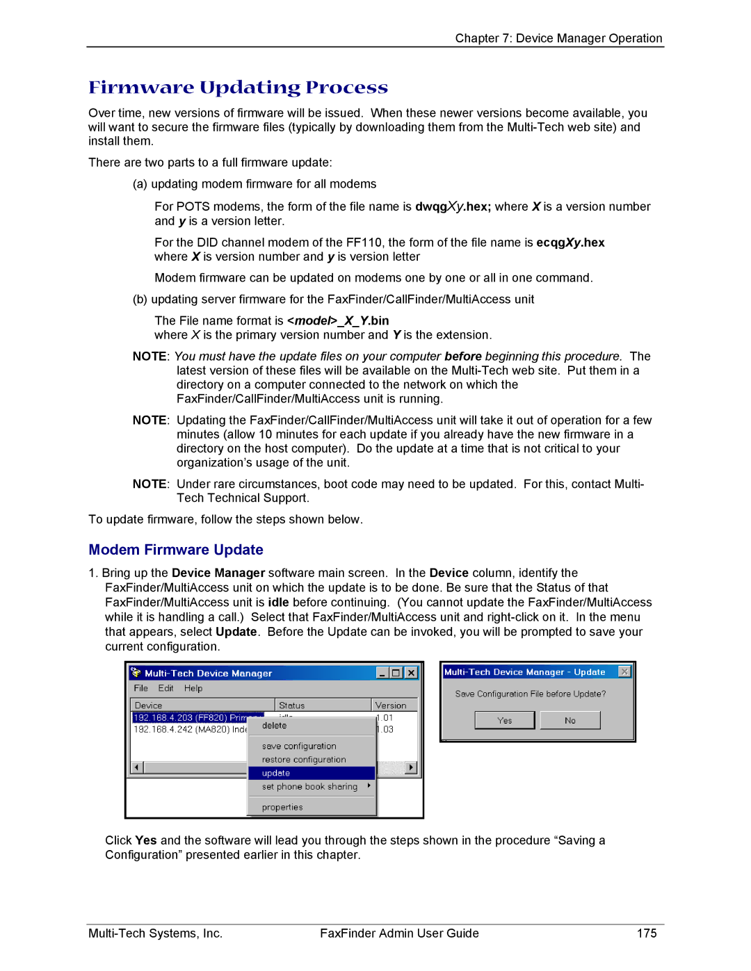 Multi-Tech Systems FF220, FF420, FF820, FF120 manual Firmware Updating Process, Modem Firmware Update 