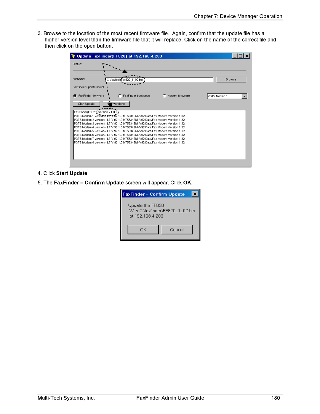 Multi-Tech Systems FF420, FF820, FF120, FF220 manual Click Start Update 