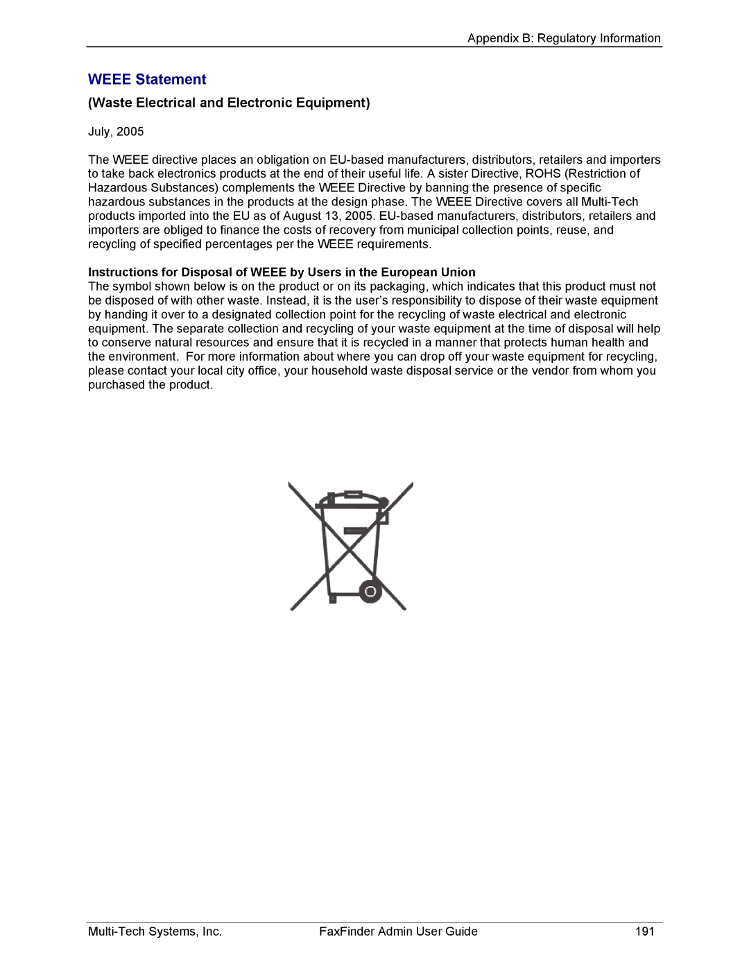 Multi-Tech Systems FF220, FF420, FF820, FF120 manual Weee Statement, Waste Electrical and Electronic Equipment 