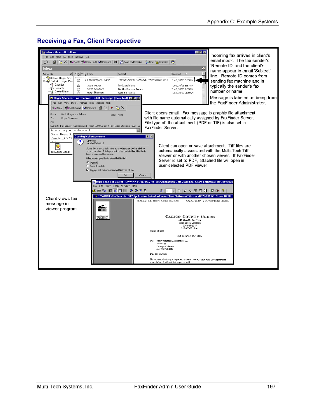 Multi-Tech Systems FF820, FF420, FF120, FF220 manual Receiving a Fax, Client Perspective 