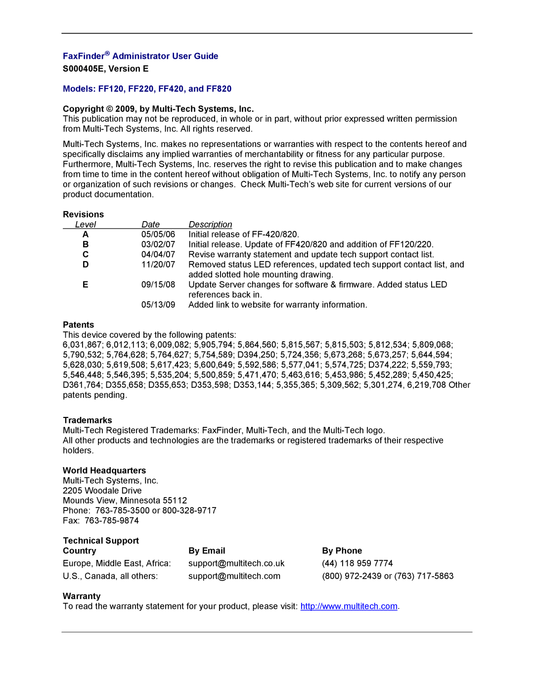 Multi-Tech Systems FF120 S000405E, Version E, Copyright 2009, by Multi-Tech Systems, Inc, Patents, Trademarks, Warranty 